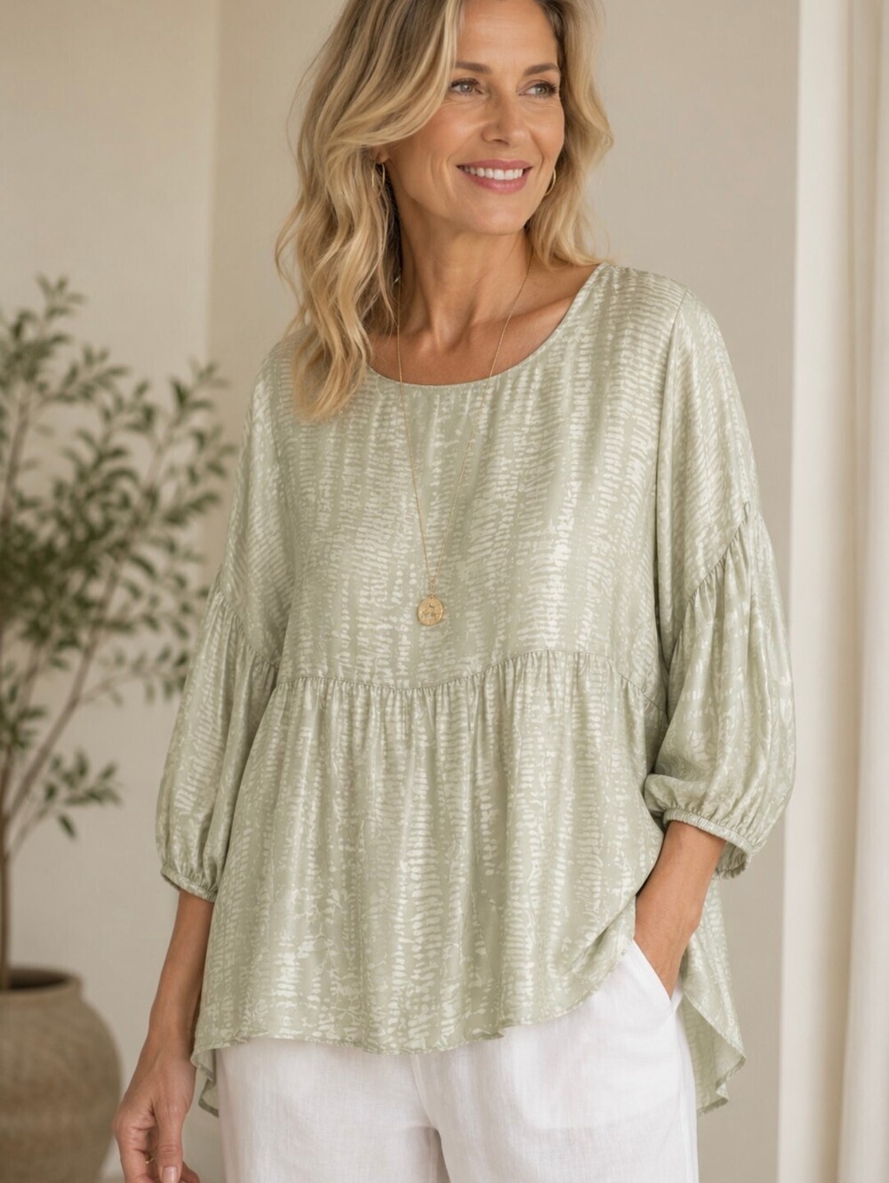 Tempo Paris 100% Silk Sage Green High Low Tunic Blouse